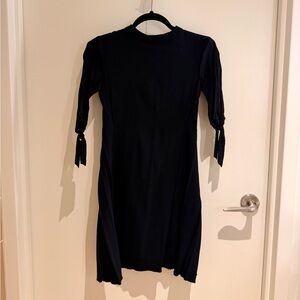 Theory Black Avilla Bergen Crepe Mock Neck Flare Tie-Cuff Dress
